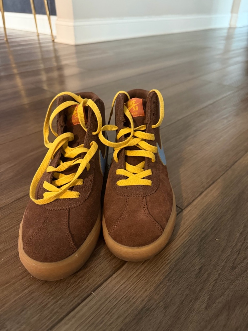 Nike Brown Suede High-Top Sneakers with Yellow Laces